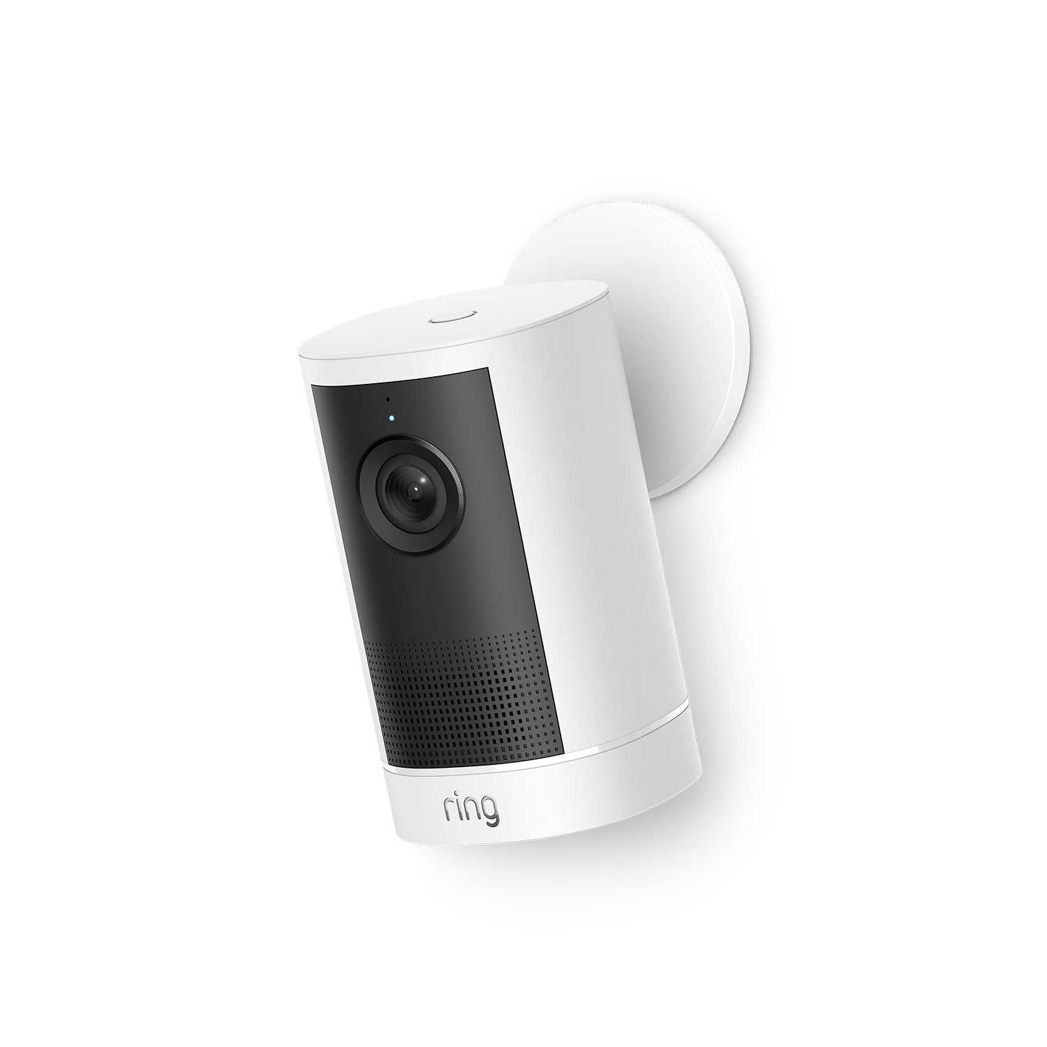 Witte Ring Outdoor Camera 4K Plus Battery op ronde muurbeugel, licht naar beneden gericht