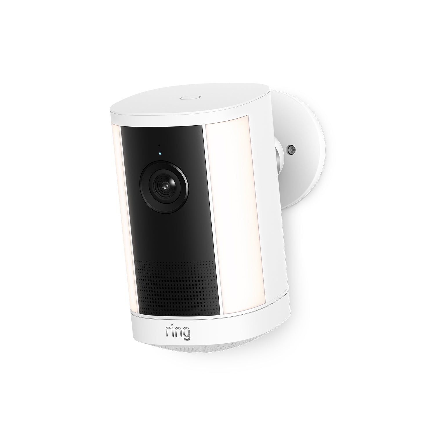 Witte Ring Spotlight Camera Plus batterij met verstelbare montagebeugel op schone achtergrond