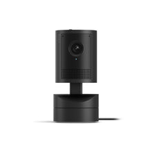 Black Indoor Camera 4K op een standaard tegen een effen witte achtergrond.