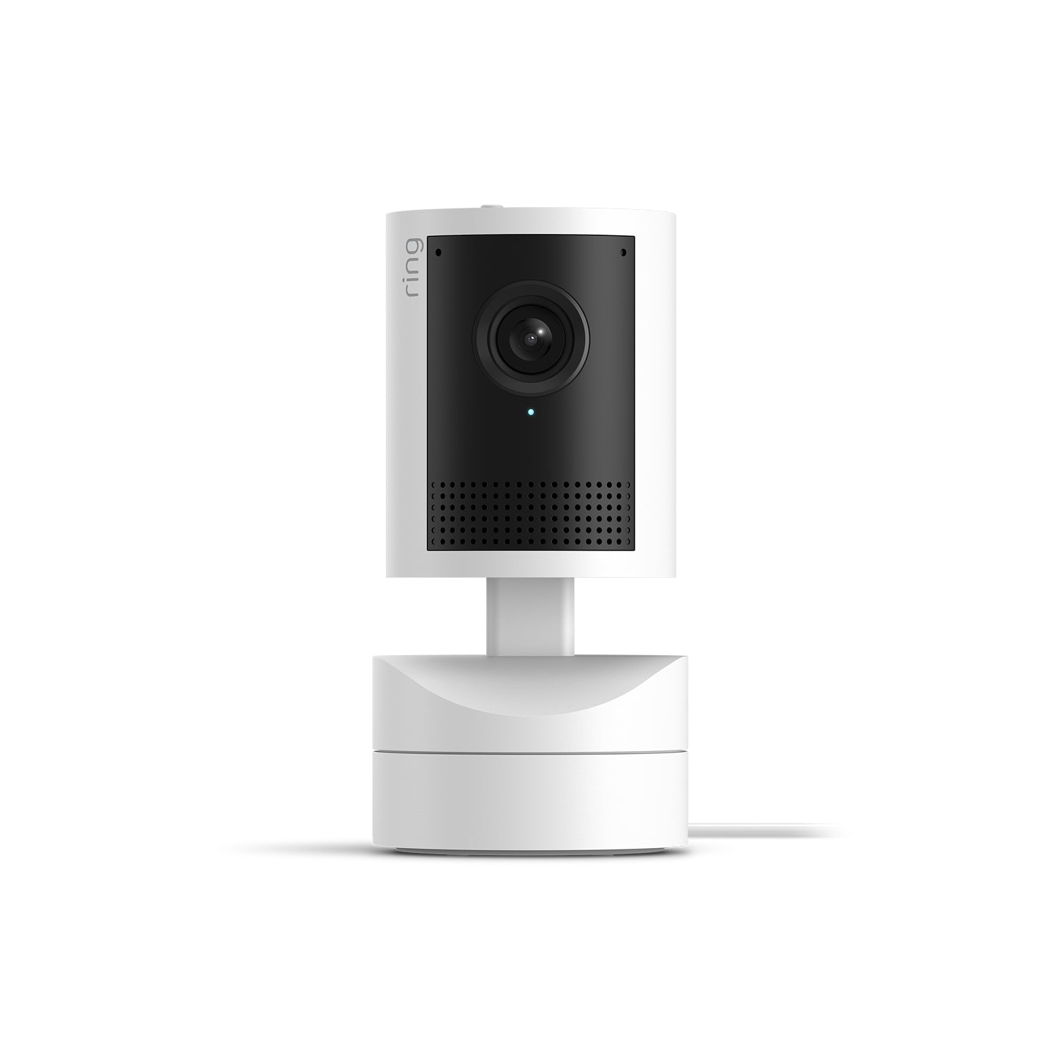 White:White Pan-Tilt Indoor Camera 2K op witte achtergrond, van voren getoond op gemotoriseerde basis.