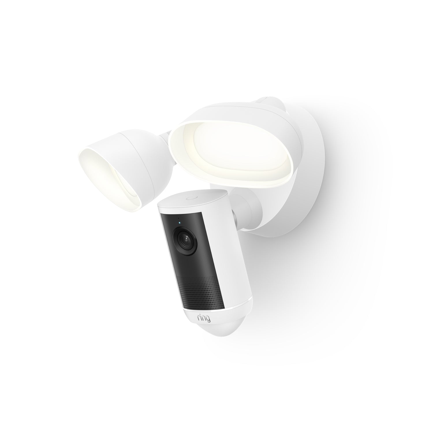 Wit:Ring Floodlight Cam 4K Plus in wit met dubbele verstelbare LED-lichtkoppen en geïntegreerde cameramodule.