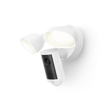 Wit:Ring Floodlight Cam 4K Plus in wit met dubbele verstelbare LED-lichtkoppen en geïntegreerde cameramodule.