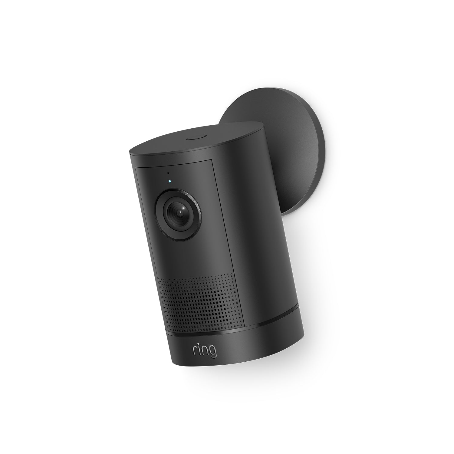 Zwarte Ring Outdoor Camera 4K Plus Battery op ronde muurbeugel tegen witte achtergrond, licht naar beneden gericht