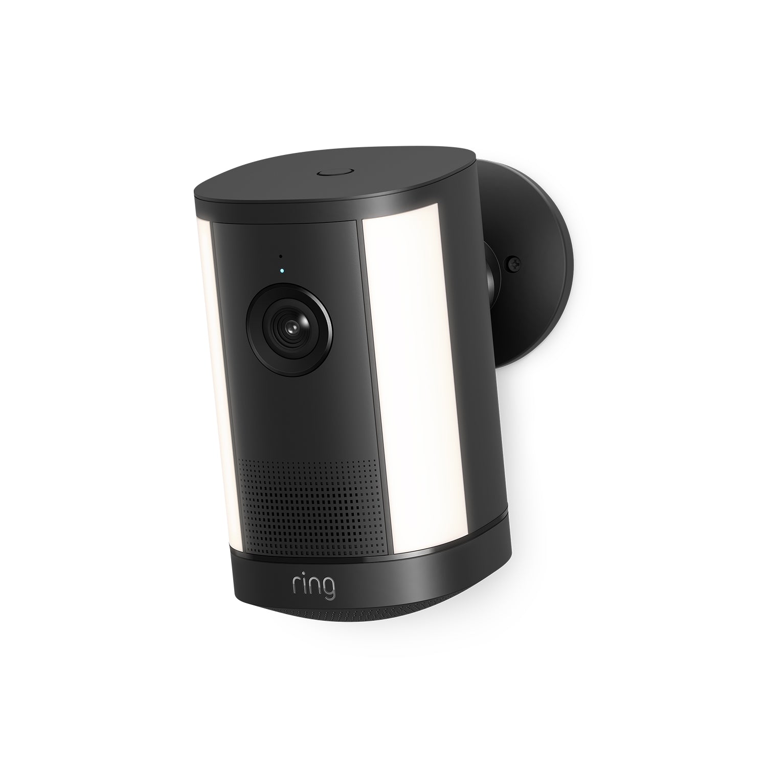 Zwarte Ring Spotlight Camera Plus op batterij met verstelbare montagebeugel op neutrale achtergrond