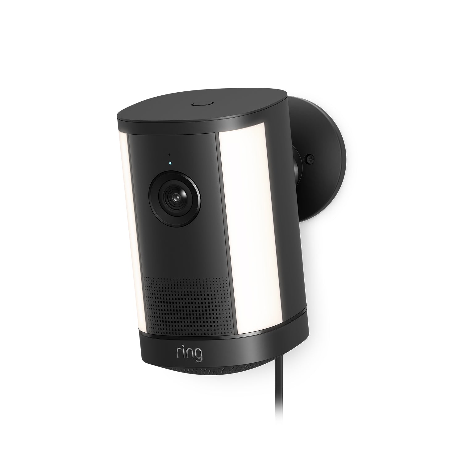 Ring Spotlight Camera Plus Plug-in zwart met verstelbare montagebeugel op een neutrale achtergrond