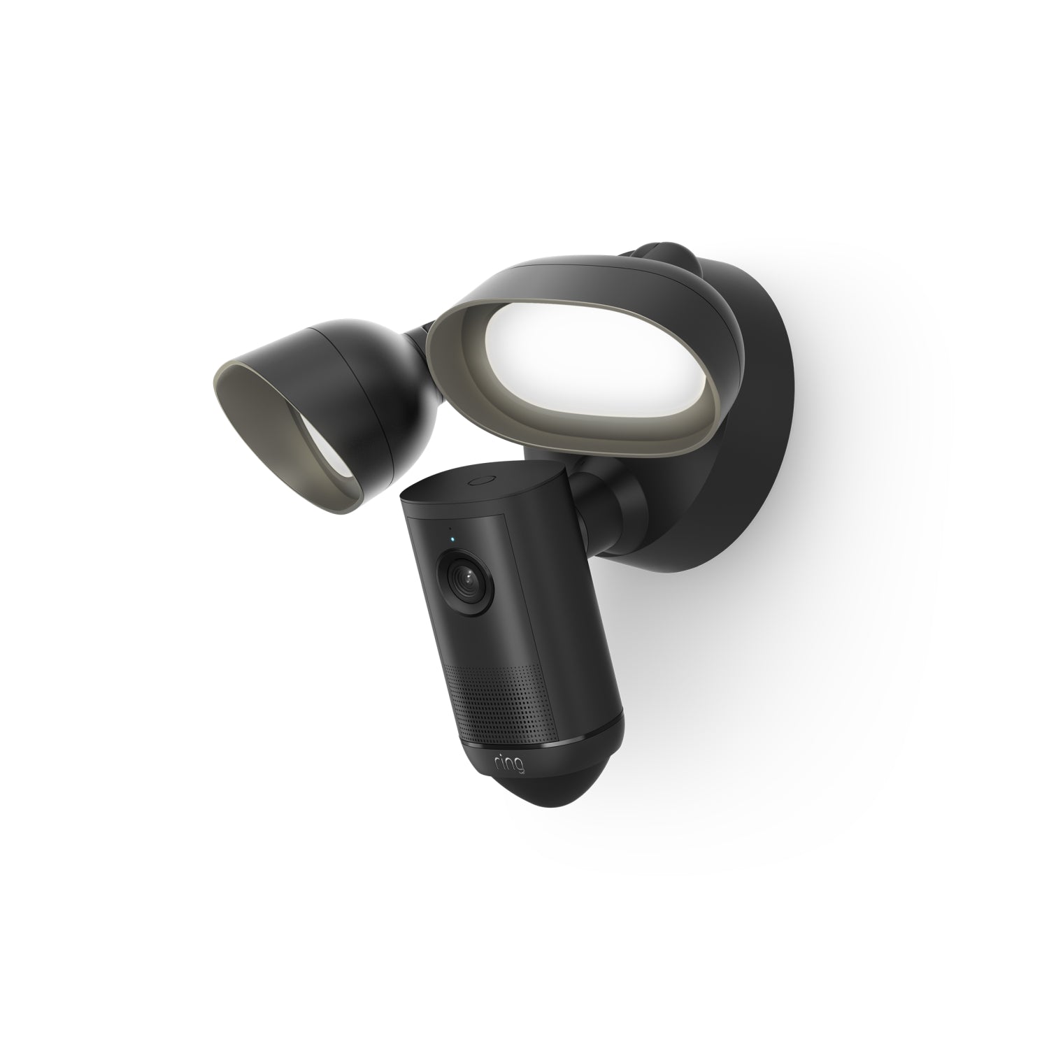 Zwart:Ring Floodlight Cam 4K Plus in zwart met dubbele verstelbare LED-lichtkoppen en geïntegreerde cameramodule.