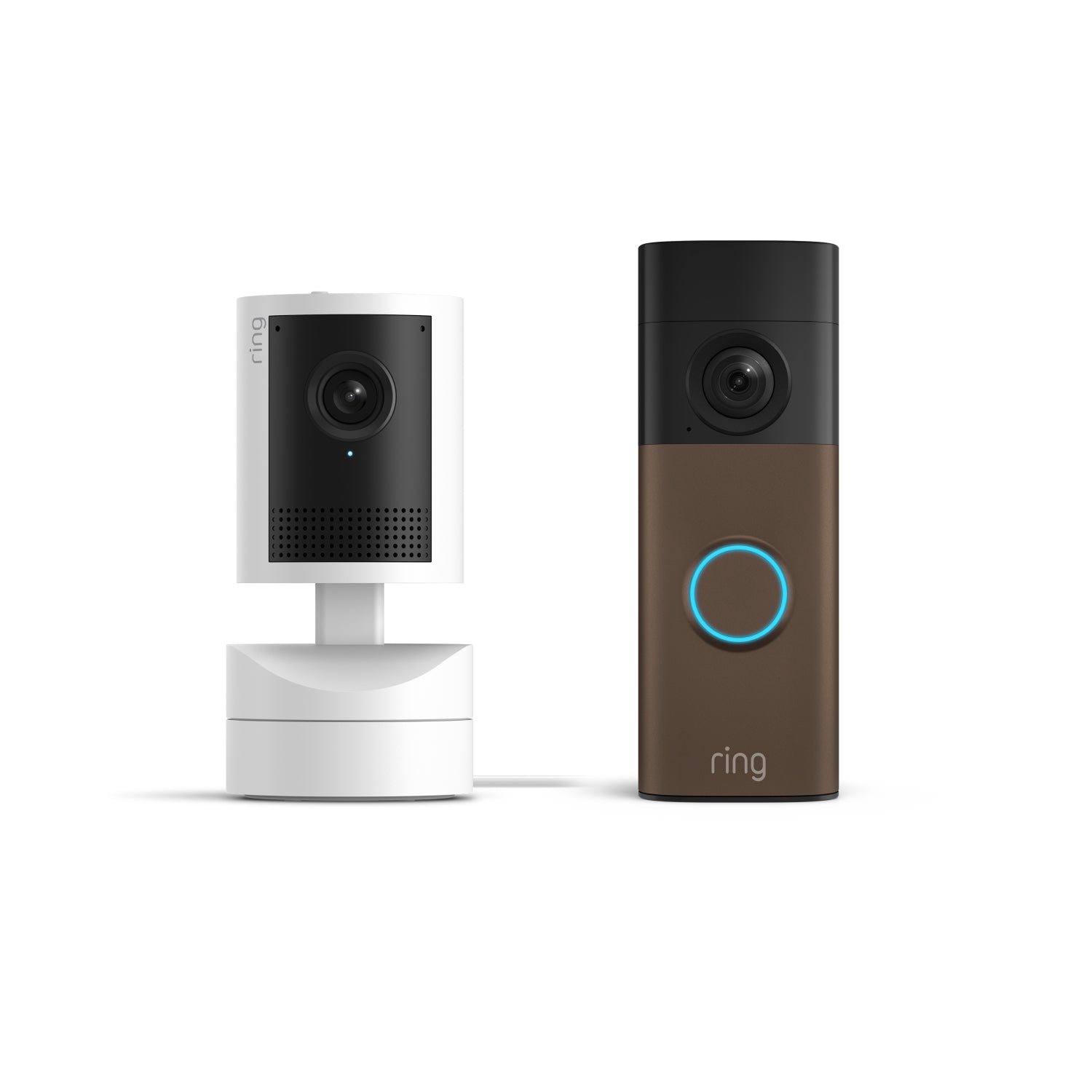 Mokka – mat:Battery Video Doorbell 2K naast Pan-Tilt Indoor Cam 2K op witte achtergrond