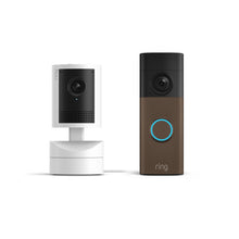 Mokka – mat:Battery Video Doorbell 2K naast Pan-Tilt Indoor Cam 2K op witte achtergrond
