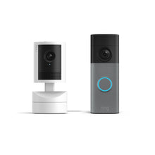 Gespikkeld grijs:Battery Video Doorbell 2K naast Pan-Tilt Indoor Cam 2K op witte achtergrond