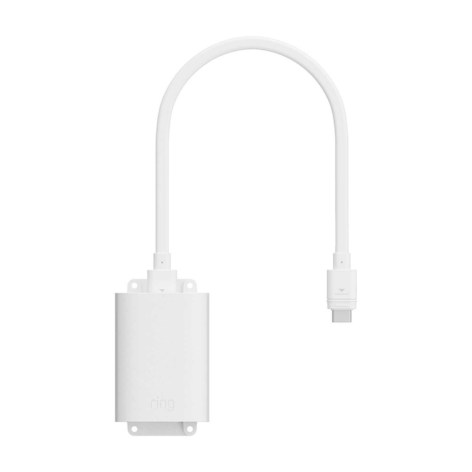 Witte PoE+ naar USB-C Indoor Adapter met U-vormige kabel en USB-C connector op witte achtergrond