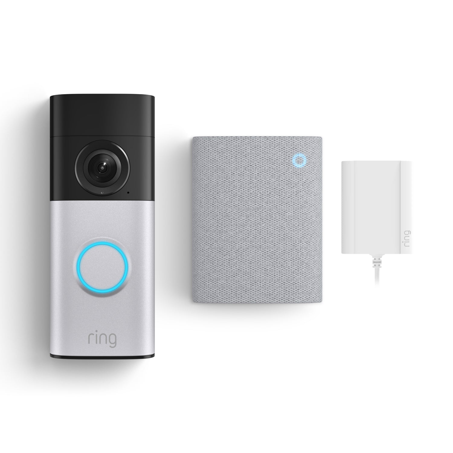 De Wired Video Doorbell Plus en Chime (3de generatie) naast elkaar tegen een witte achtergrond.
