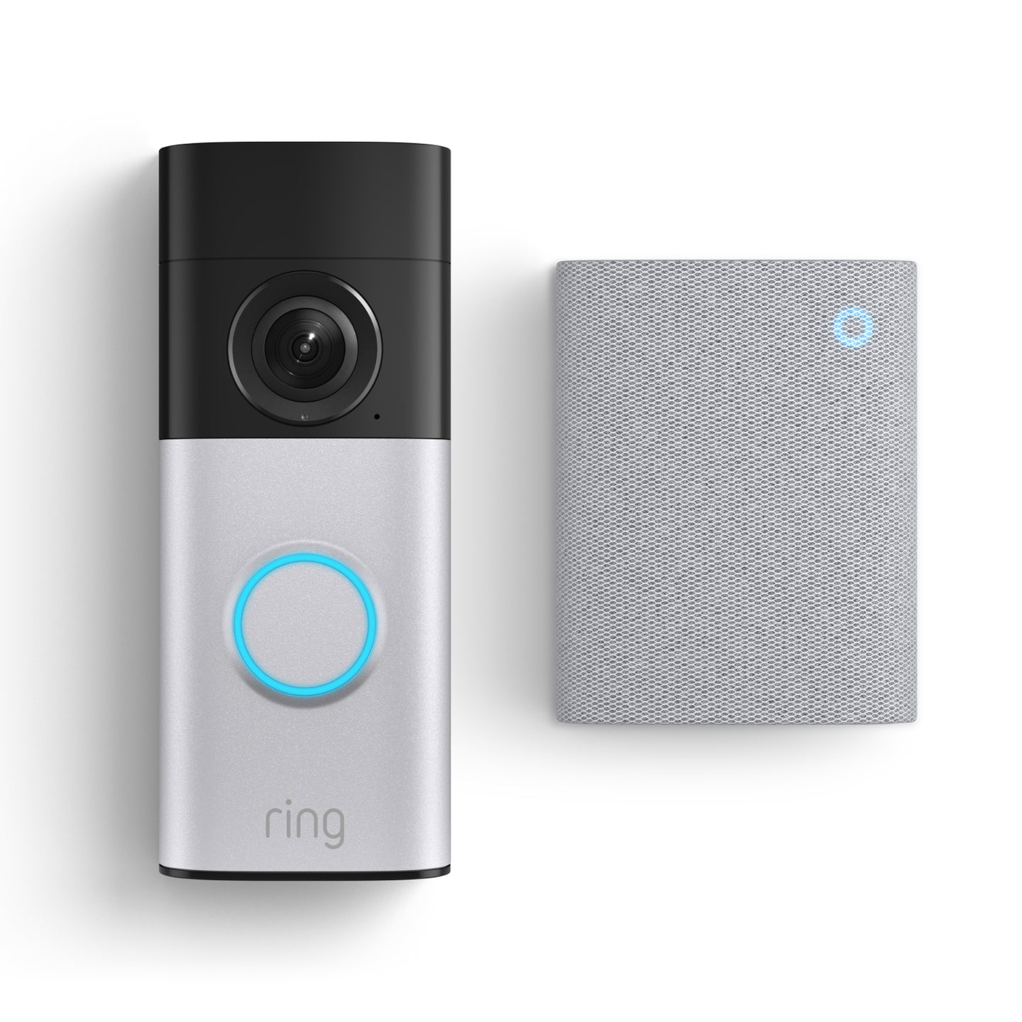 De Wired Video Doorbell Plus en Chime (3de generatie) naast elkaar tegen een witte achtergrond.