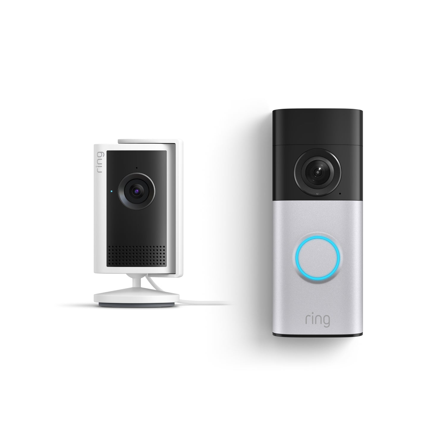 De Wired Video Doorbell Plus en Chime (3de generatie) naast elkaar tegen een witte achtergrond.