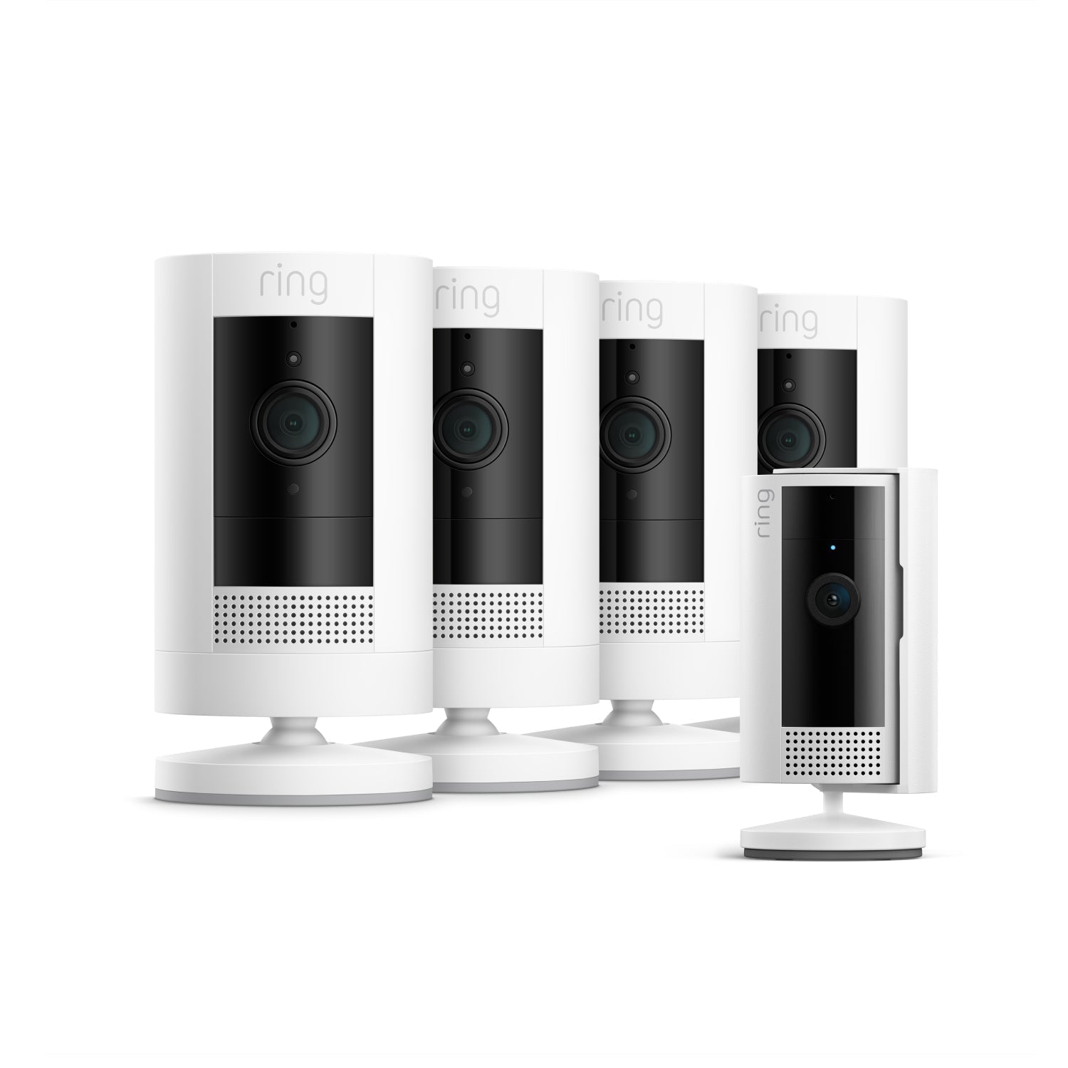 Wit:4-Pack Buitencamera op batterij + Indoor Camera (2de generatie) (Stick Up Cam + Indoor Camera)
